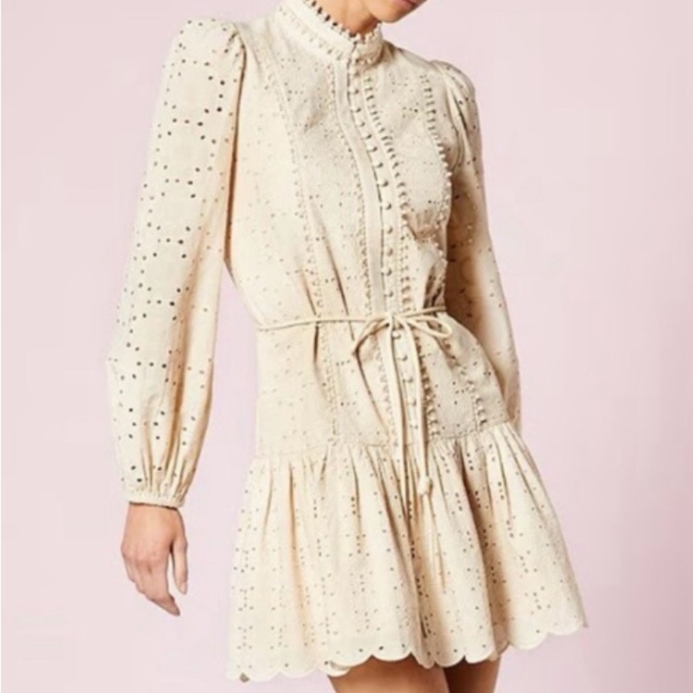 Calypso St. Barth Cream Eyelet Long-Sleeve Tie-Waist Mini Dress